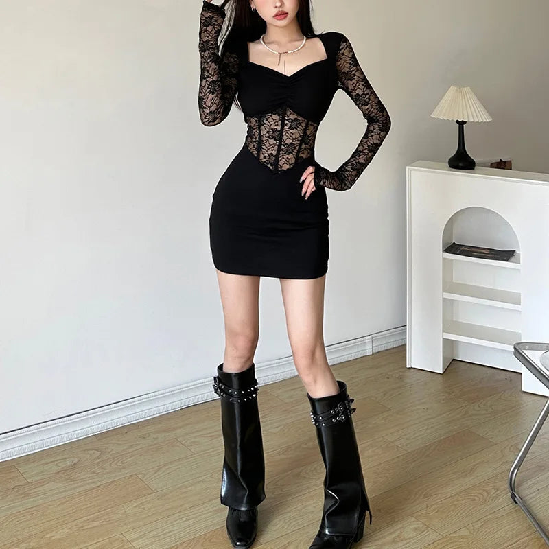 Nibber Black Mysterious Sexy Lace Stitching Mature Fishbone Beautiful Sweet Gentle Women'S Winter Long Sleeve Hip Short Dress GlowCart