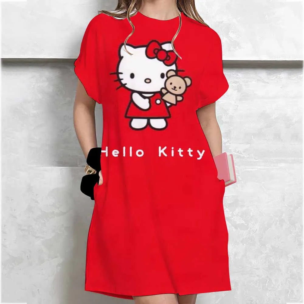 Women's long tshirt dress summer fashion girl Hello Kitty print oversized casual round neck short sleeved mini T-shirt dress ﻿ GlowCart