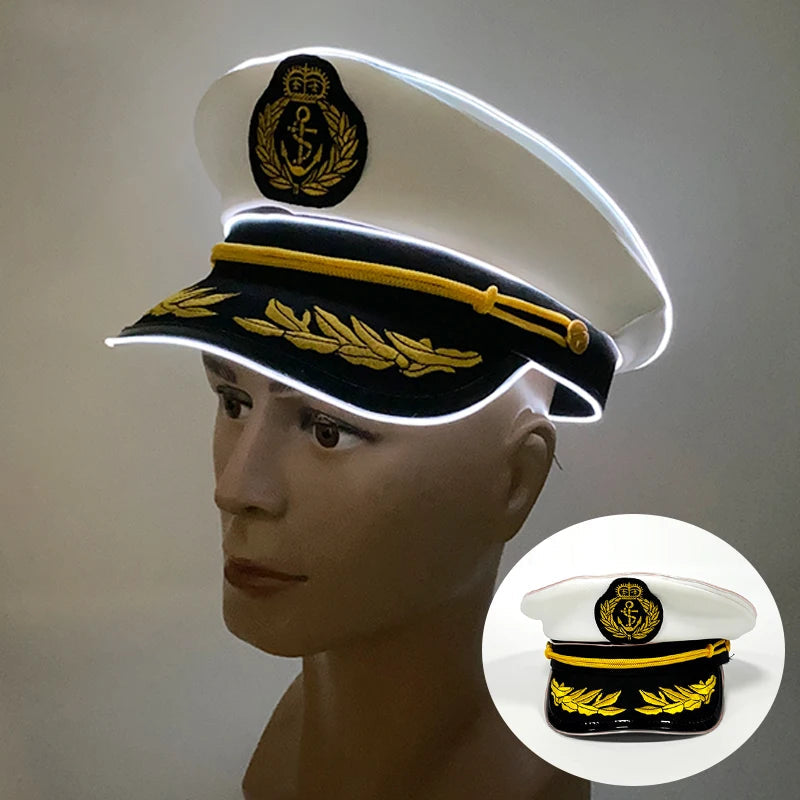 New Luminous Captain Hat LED Sailors Hat Glow In The Dark Nautical Themed Party Costume Cosplay Party Light Up Navy Cap Props GlowCart