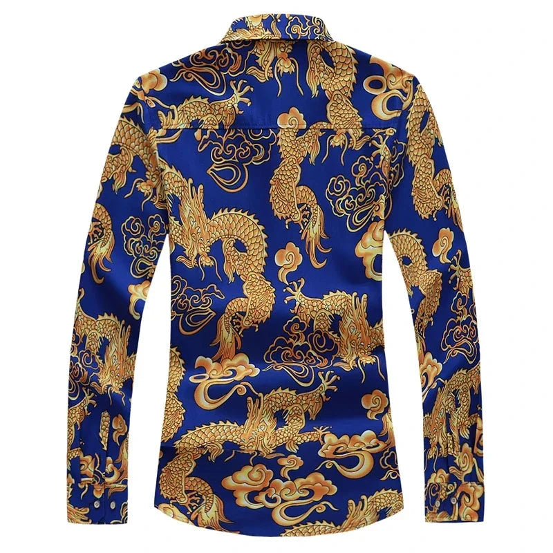 Thin Black Men's Long-sleeved Printed Shirt, Chinese Dragon GlowCart