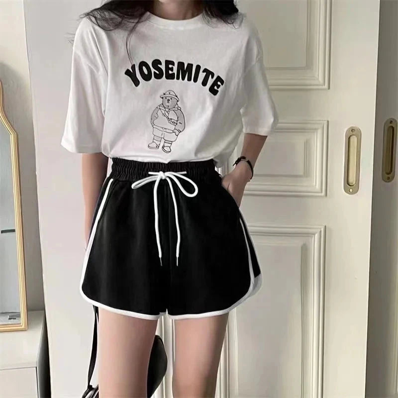 Women's trendy casual shorts, women's white striped solid color sports casual pants, high-quality fashion shorts GlowCart