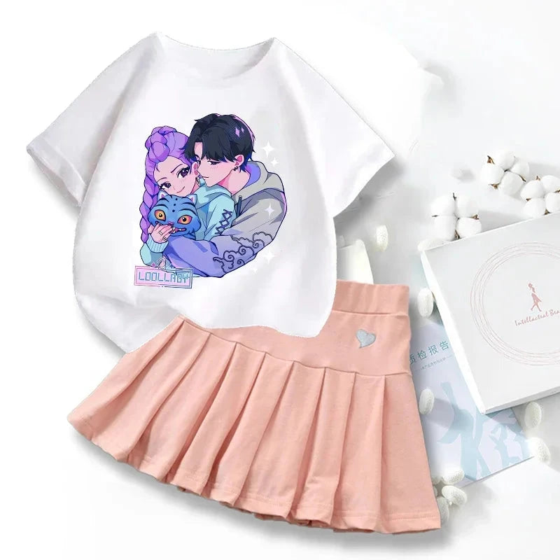 New K Pop Demon Hunters T-shirts Skirt Set Kawaii Cartoon Graphic T-shirt Kids Casual Short Sleeves Tops Summer Girl Clothes GlowCart