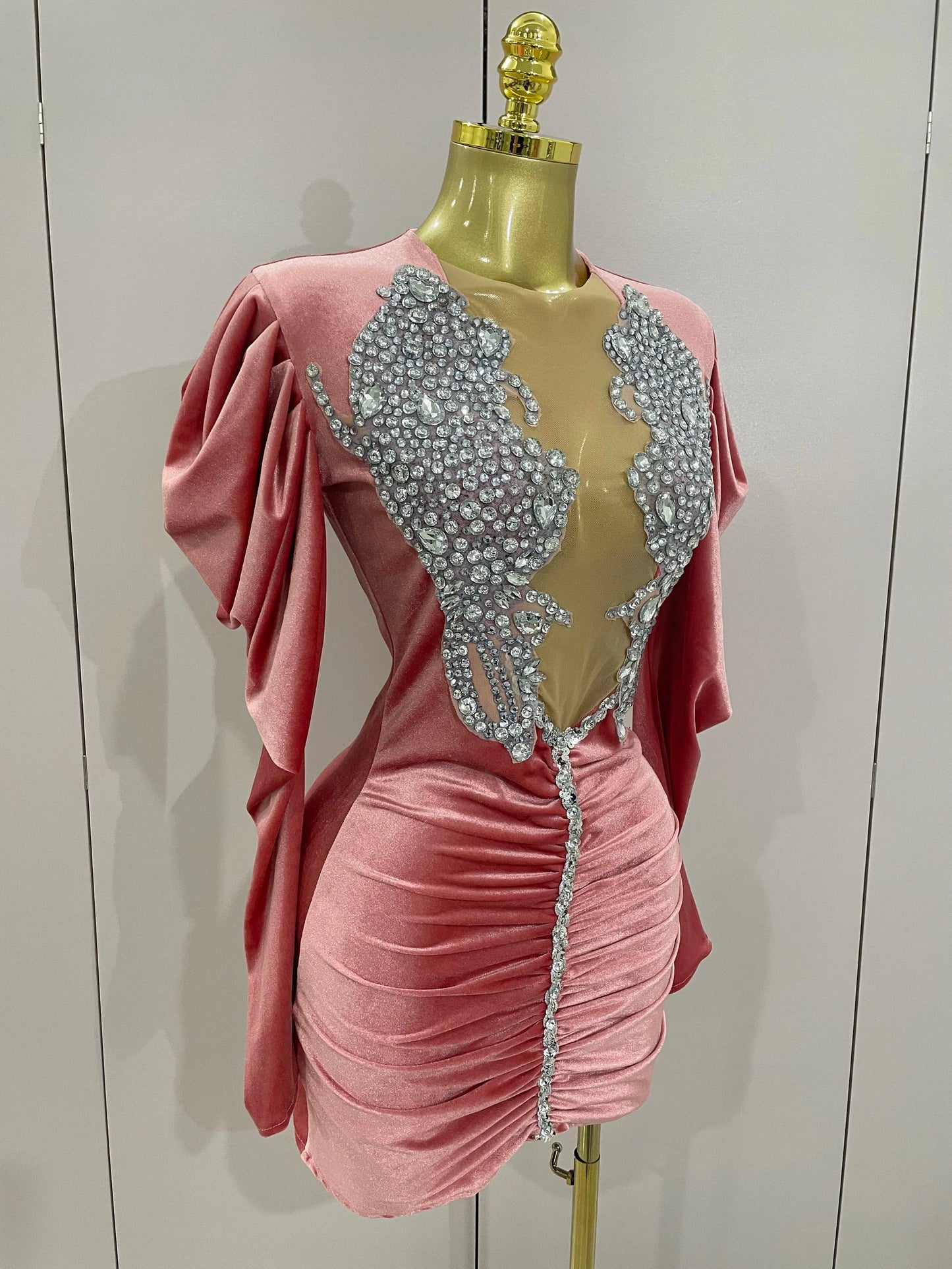 Luxury Sparkly Crystals Sexy Mesh White Velvet Short Dress GlowCart