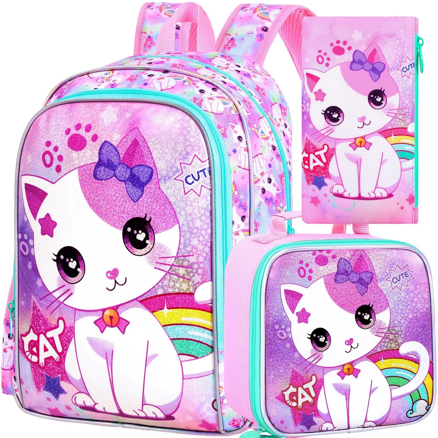 3PCS Backpacks for Girls Cute Reflective Cat Bookbag for Elementary, Kids Water Resistant Backpack Set with Lunch Box GlowCart