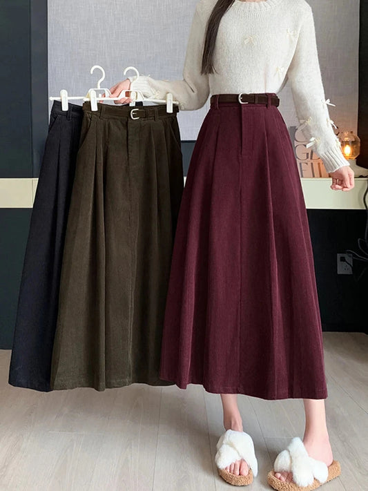 Vintage Winter Long Pleated Skirts For Women Elastic High Waist A-line Corduroy Maxi Skirt Loose Big Swing Umbrella Jupe Femme GlowCart