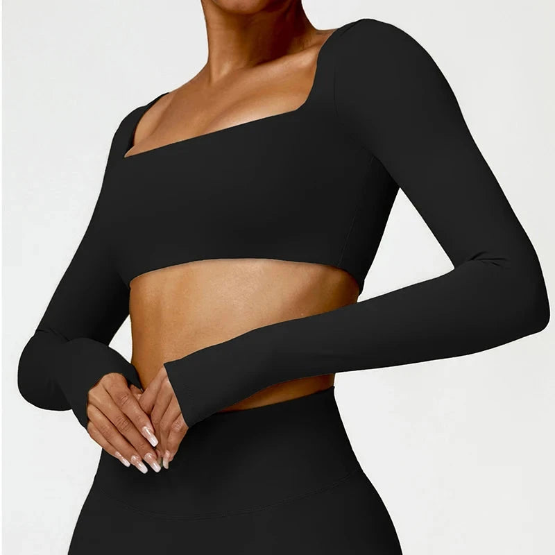 Hearuisavy Casual Quick Dry Sportswear Women Square Neck Gym Top Women Fitness Sports Crop Top Female Long Sleeve Yoga Clothing GlowCart