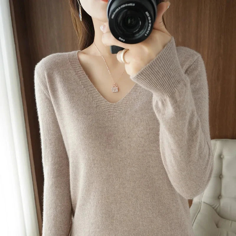 Women's Sweater 2025 Autumn Winter Knitted Pullovers V-neck GlowCart