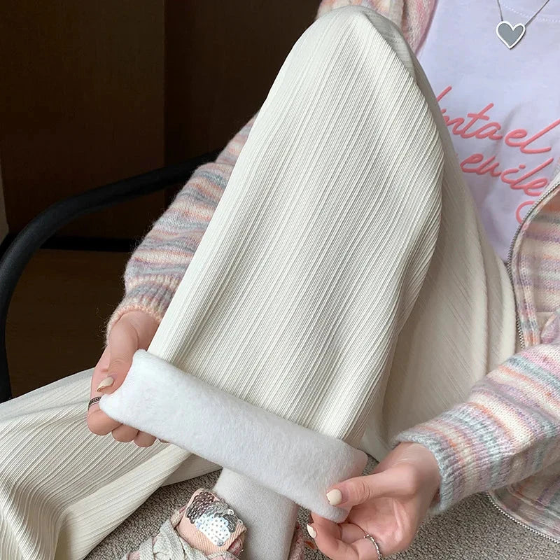 Autumn and Winter Fleece-lined Wide Leg Pants Women's High GlowCart
