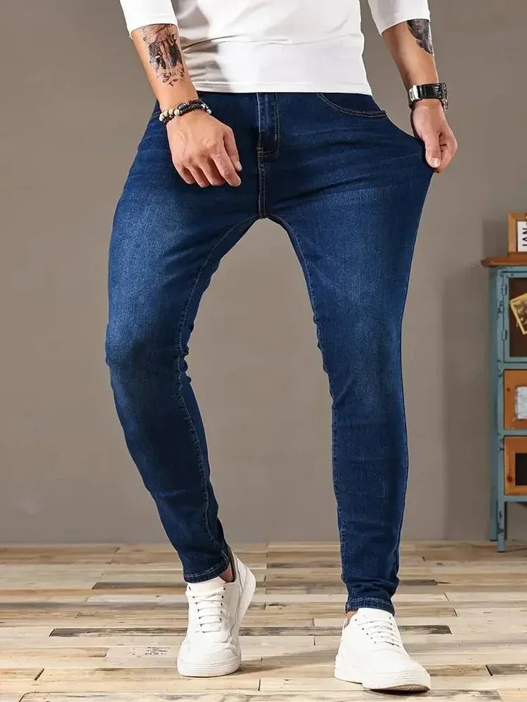 Men Jeans Stretch Skinny Denim Pants Solid Color Black Blue Spring Luxury Street Harajuku Hip-Hop Style Slim Fit Trousers Brand GlowCart