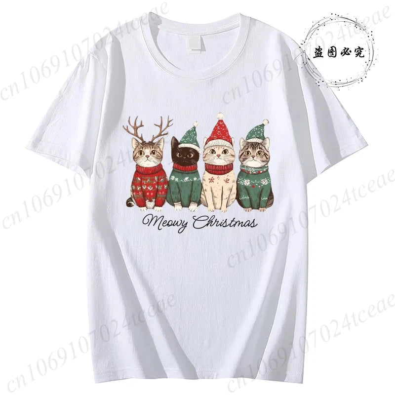 Meowy Christmas Cat Print Women Fashion T Shirt Girl O Neck GlowCart