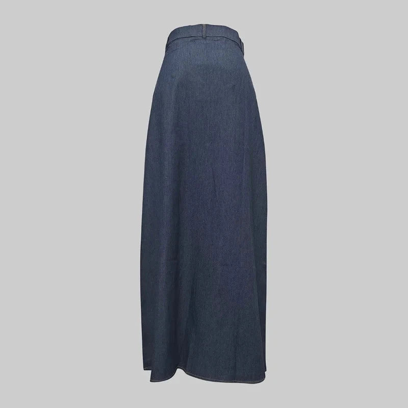 2025 New Fashion Imitation Denim H-Line High Waist Skirts Spring Summer Loose Solid Color Pockets Maxi Skirt For Women GlowCart