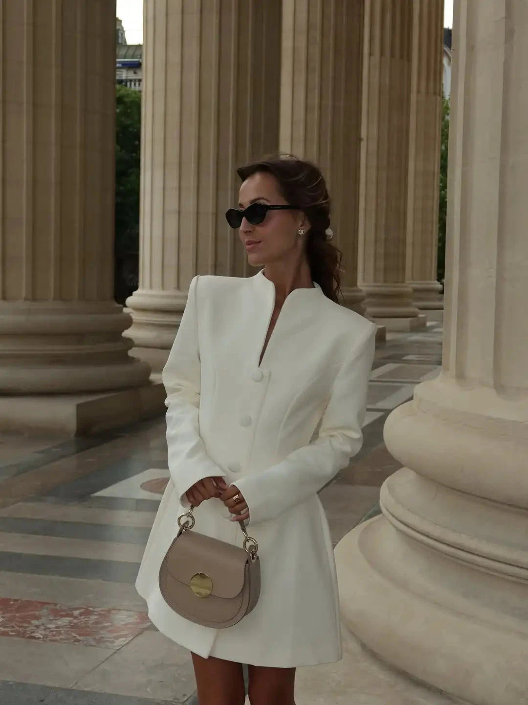 White Single Breasted A-line Mini Dress Women Elegant Solid GlowCart