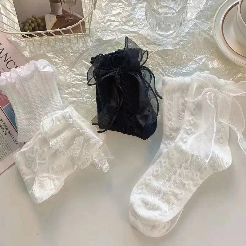 Woman Socks Solid Black White Lolita Lacework Ruffle Socks GlowCart