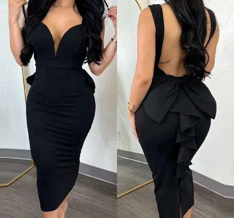 Dress for Women Streetwear Elegant Solid Color Hip Wrap Open Back Deep V High Waist Split Bodycon Dresses 2024 Spring and Summer GlowCart
