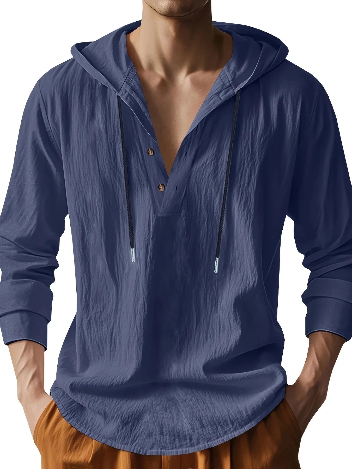 Men's Lightweight Linen Hooded Henley Shirt Casual Long GlowCart