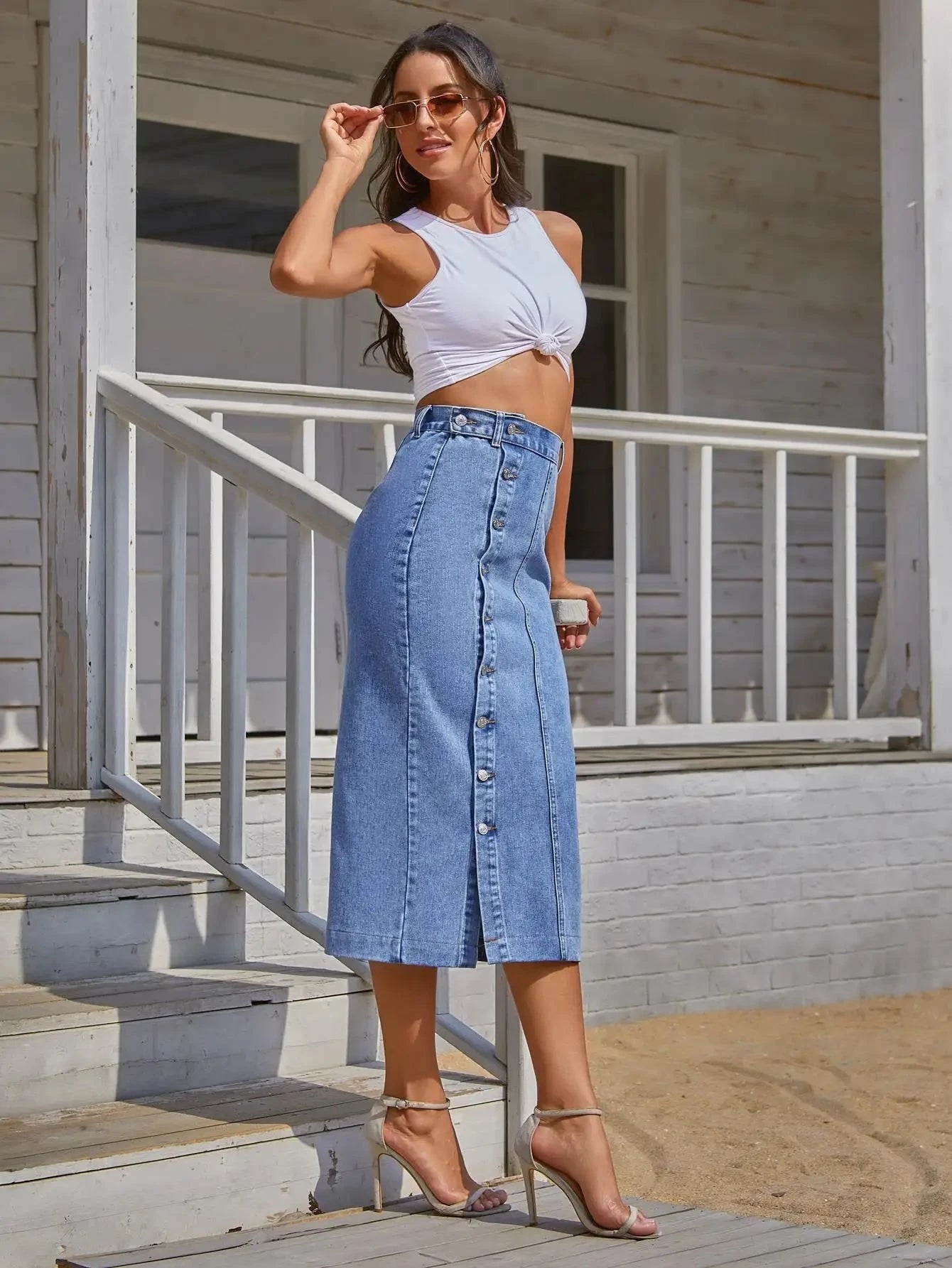 Denim Skirt Women Long Skirts Irregular Split Stretch High Waist Single Breasted Distressed Washed 2025 Summer Streetwear GlowCart