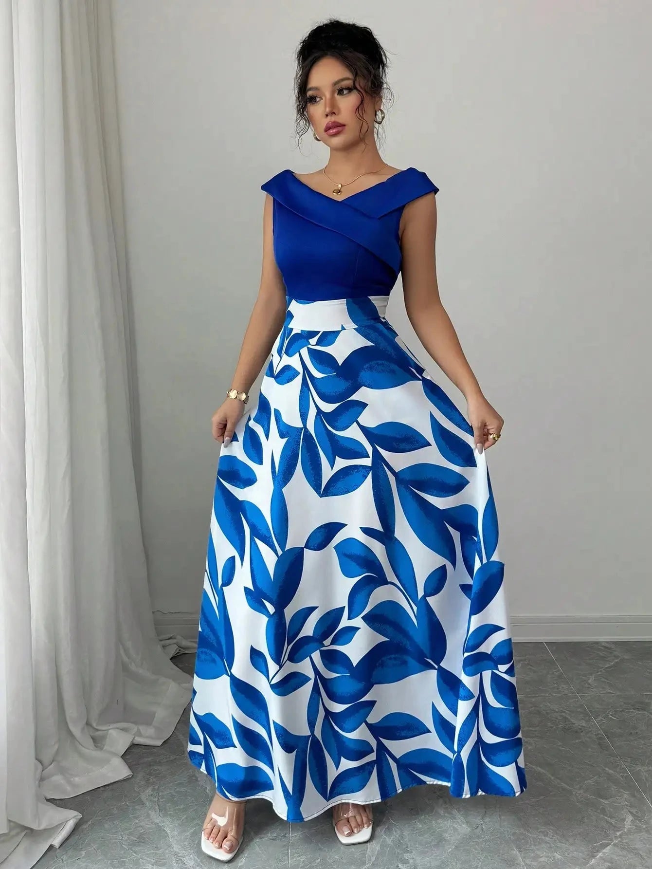 Women's Blue White Floral Maxi Dress Asymmetric Neckline GlowCart