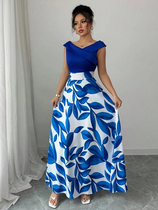 Women's Blue White Floral Maxi Dress Asymmetric Neckline GlowCart