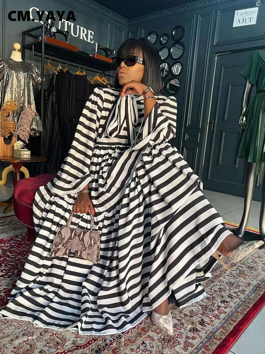 CM.YAYA Vintage Women Striped Bowknot Collar Long Sleeve GlowCart