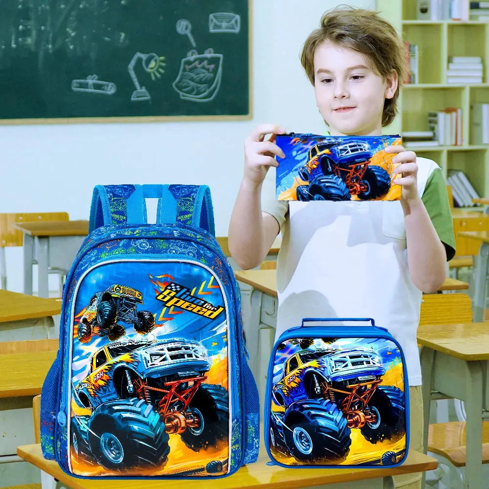 3PCS Boys Truck Backpack, Kids Car Bookbag with Lunch Box, Water Resistant School Bag for Elementary Preschool Toddler GlowCart