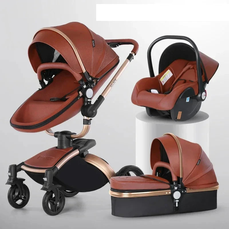 Baby stroller 3in1 with car seat removable basket High landscape eggshell PU leather baby stroller baby car luxury carriage GlowCart