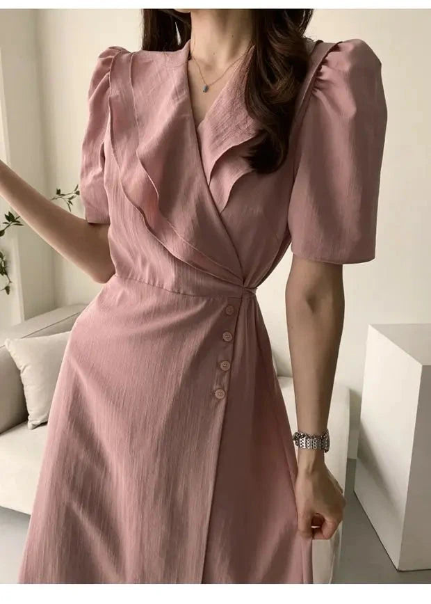 Summer New Chic V-ne Turn-down Collar Slimming Waist Midi Dr GlowCart