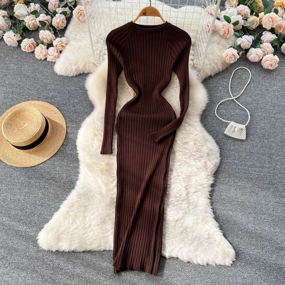 SINGREINY Winter Women Knit Maxi Dress O Neck Autumn Long GlowCart
