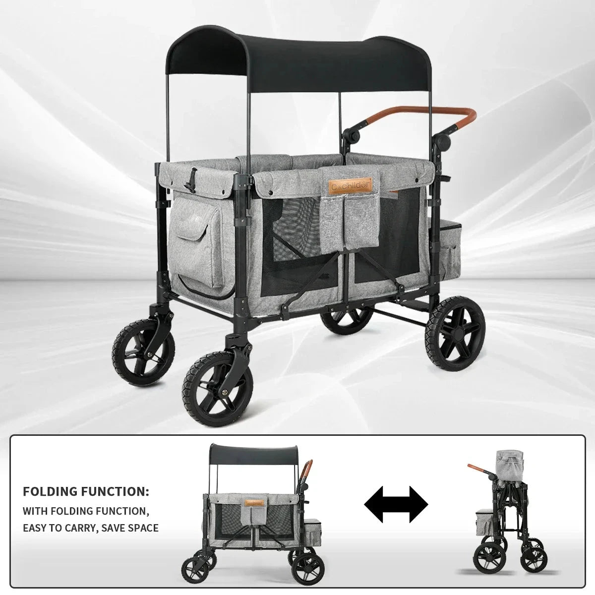 Camping cart that can seat four children, Foldable baby stroller, with shock absorption function, suitable for autumn travel GlowCart