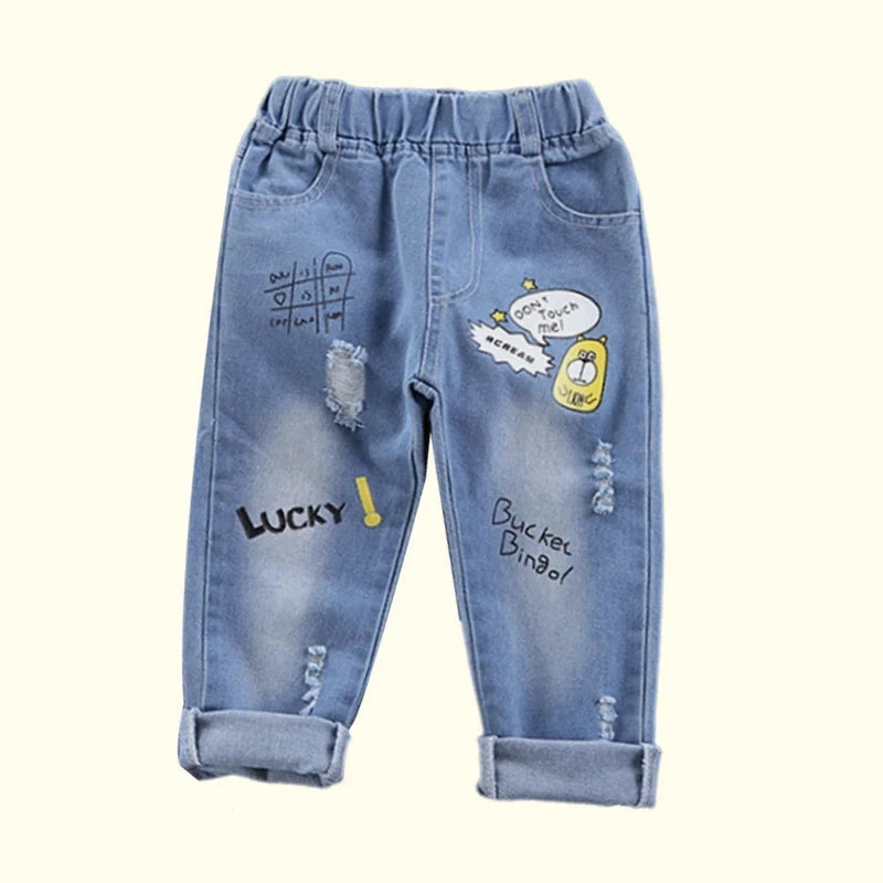 Children Jeans  Boys Cotton Print Splice Stretch Denim Pants Korean Teenage Trousers Wear Kids ClothingDenimRipped Spring Autum GlowCart
