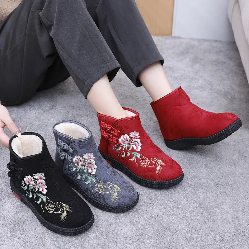Winter Cloth Shoes Ethnic Style Botas Mujer Women's Shoes Zapatos Short Warm Boots Woman Bootie Embroidered Cotton Women Boots GlowCart