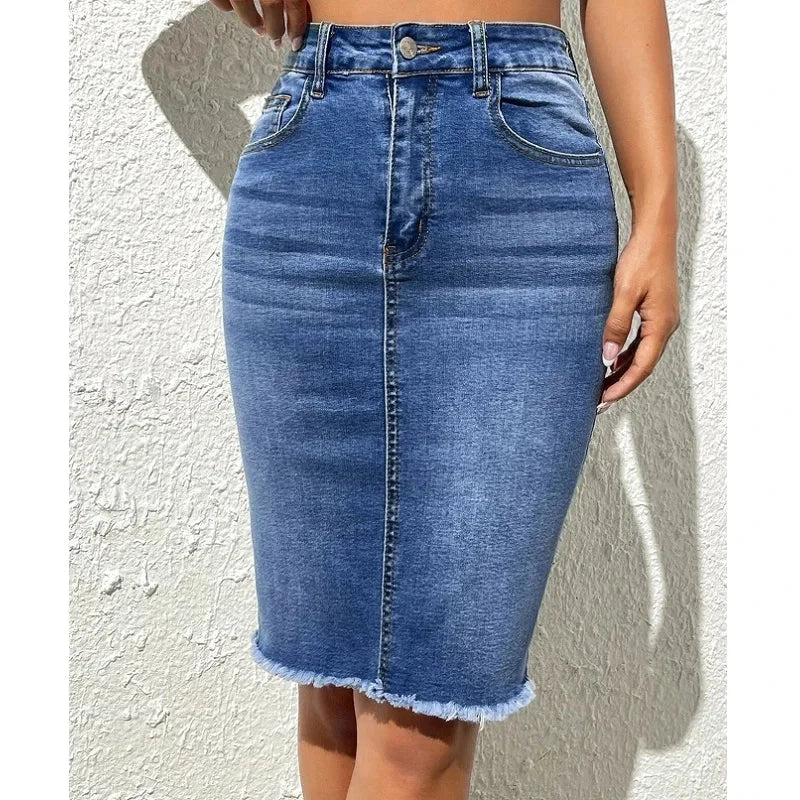 ﻿ ﻿ Women High Waist Denim Skirts Ladies Stretch Jeans Knee Length Casual Bodycon Skirt GlowCart