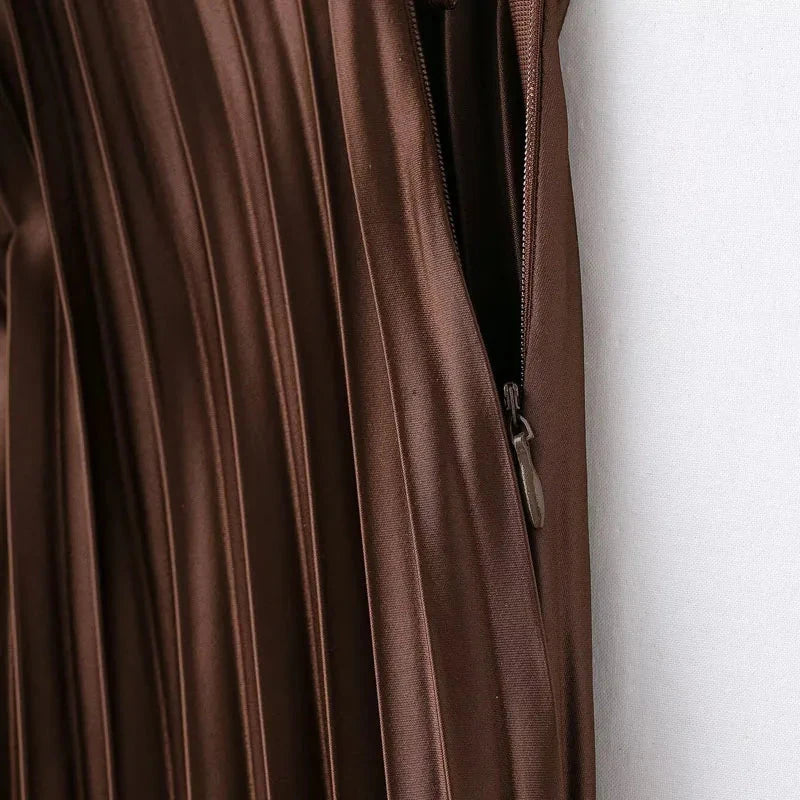 HXAO Women's Pleated Skirt Summer Brown Ruffle Skirt Cylinder Pleats Mid Waist Midi Skirt Fashion Elegant Women Long Skirt 2025 GlowCart