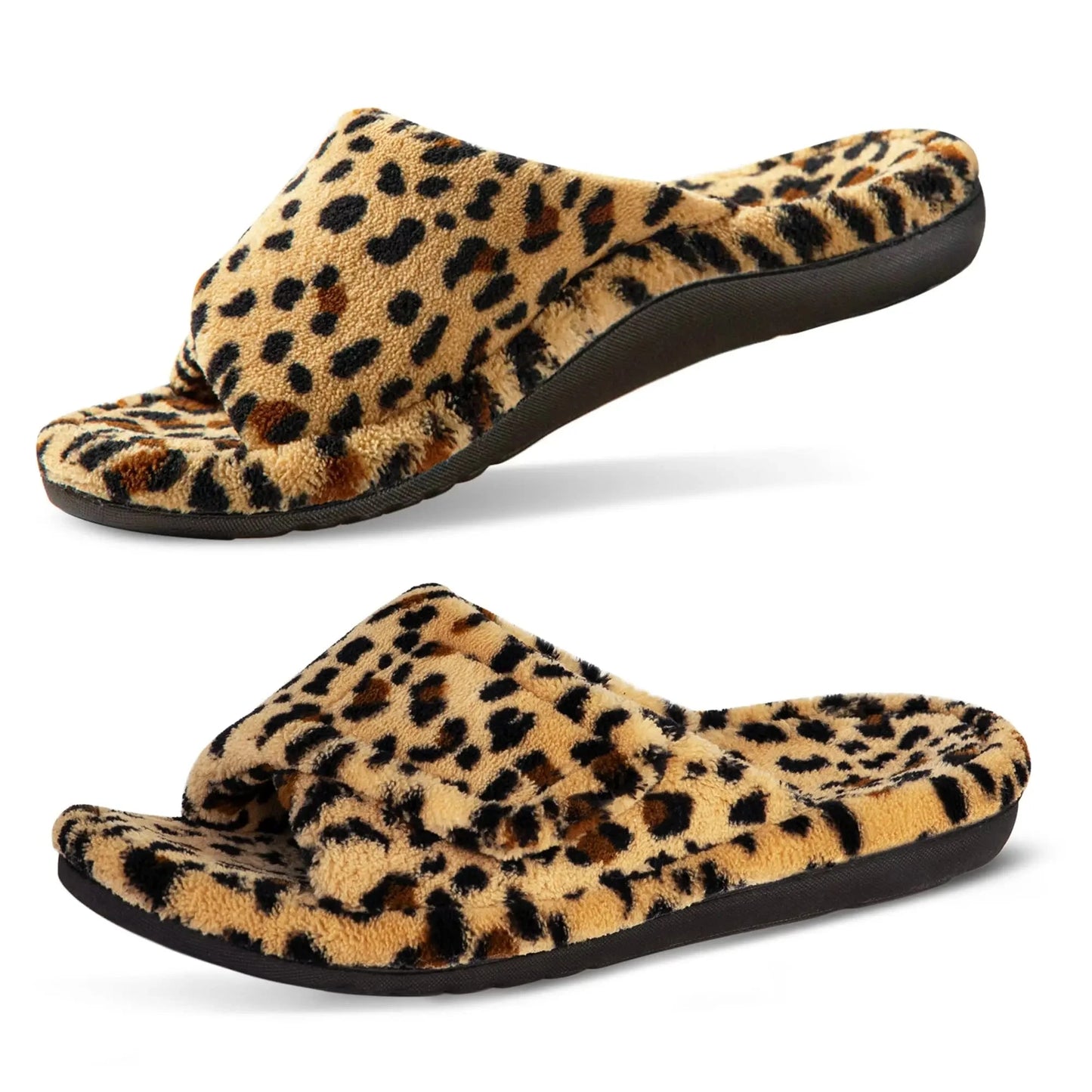 Shevalues Leopard Print Fur Women Slippers Fuzzy House Slippers Winter Open Toe Cotton Slippers Fashion Indoor Orthopedic Slides GlowCart