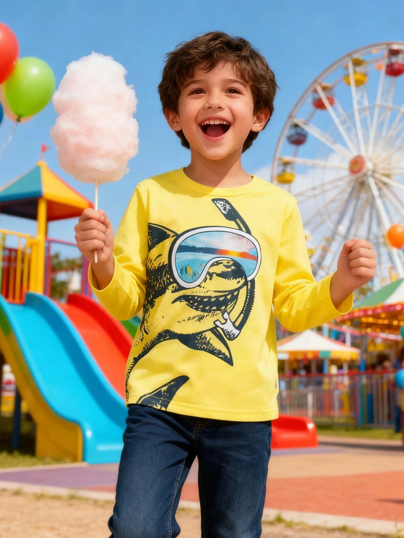 Kids' Yellow Shark Graphic Long Sleeve Tee for Boys - Lightweight Comfort, Ideal for Outdoor Fun & Daily Use, Durable Material GlowCart