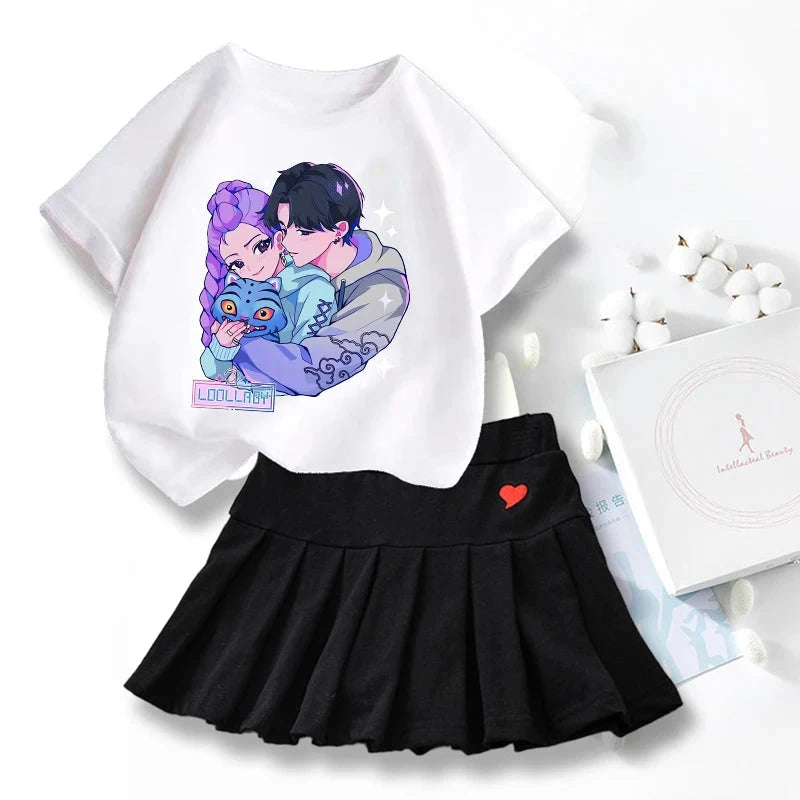 New K Pop Demon Hunters T-shirts Skirt Set Kawaii Cartoon Graphic T-shirt Kids Casual Short Sleeves Tops Summer Girl Clothes GlowCart