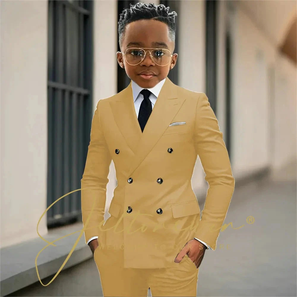 Boy's Beige Suit Set Double Breasted Blazer Pants 2 Pieces Classic kids Wedding Tuxedos Children Party Suits outfits GlowCart