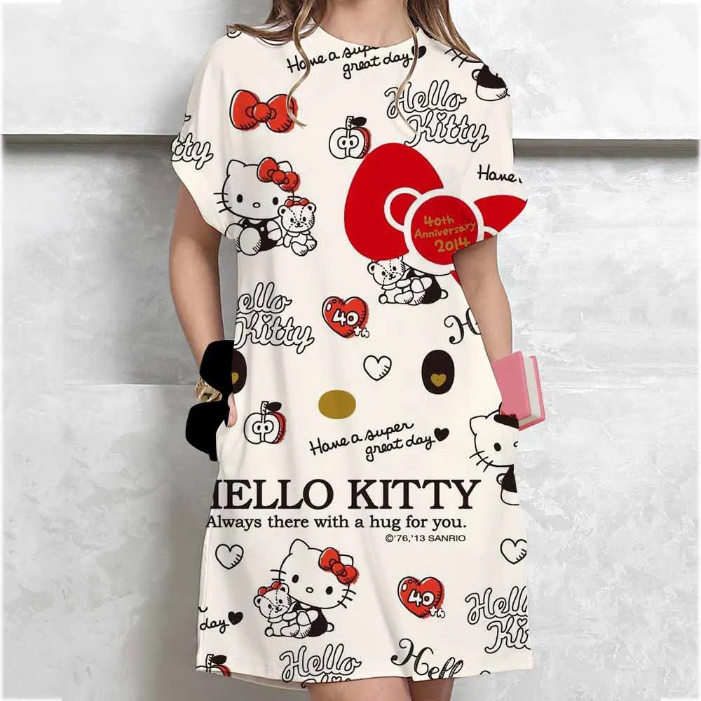 Women's long tshirt dress summer fashion girl Hello Kitty print oversized casual round neck short sleeved mini T-shirt dress ﻿ GlowCart