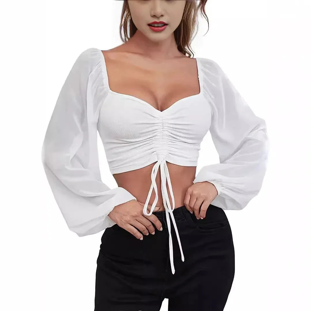Sexy Women Mesh Lantern Sleeves Drawstring Wrap Chest Bare GlowCart