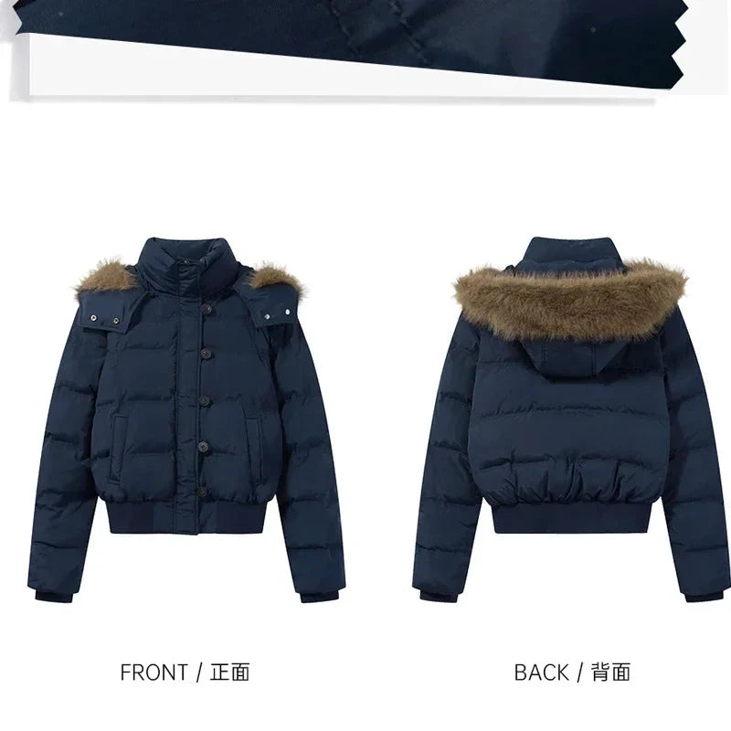 2025Autumn Winter Solid Leisure Women's  Fur Hooded Jacket GlowCart