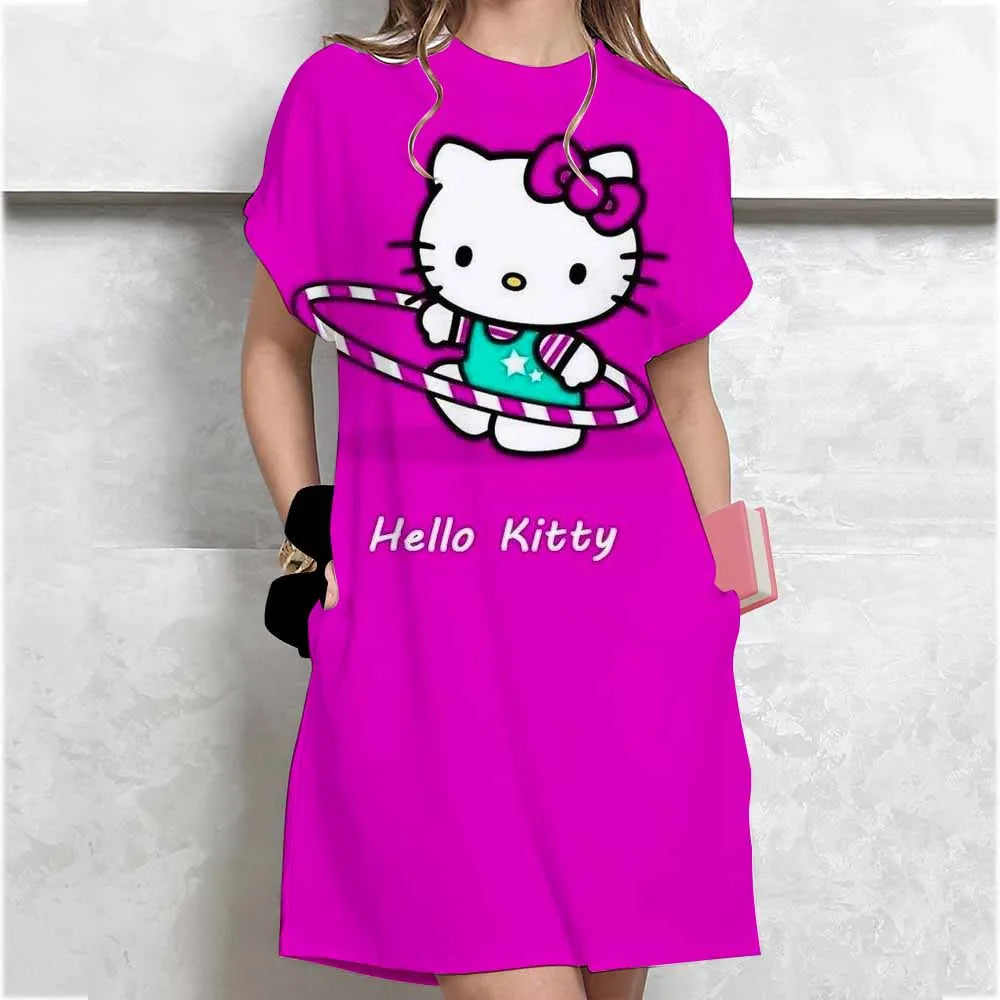 Women's long tshirt dress summer fashion girl Hello Kitty print oversized casual round neck short sleeved mini T-shirt dress ﻿ GlowCart