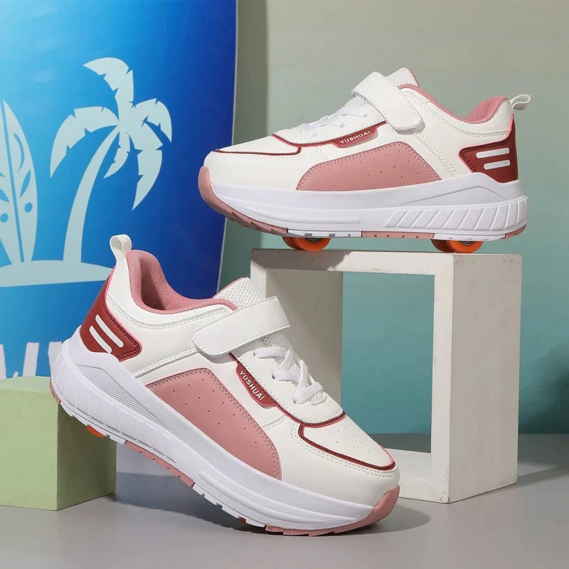 Childrens Roller Skates Fashion Double Row Four Wheel Sneakers Fully Automatic Breathe Anti-friction Rollerblade Shoes for Kids GlowCart