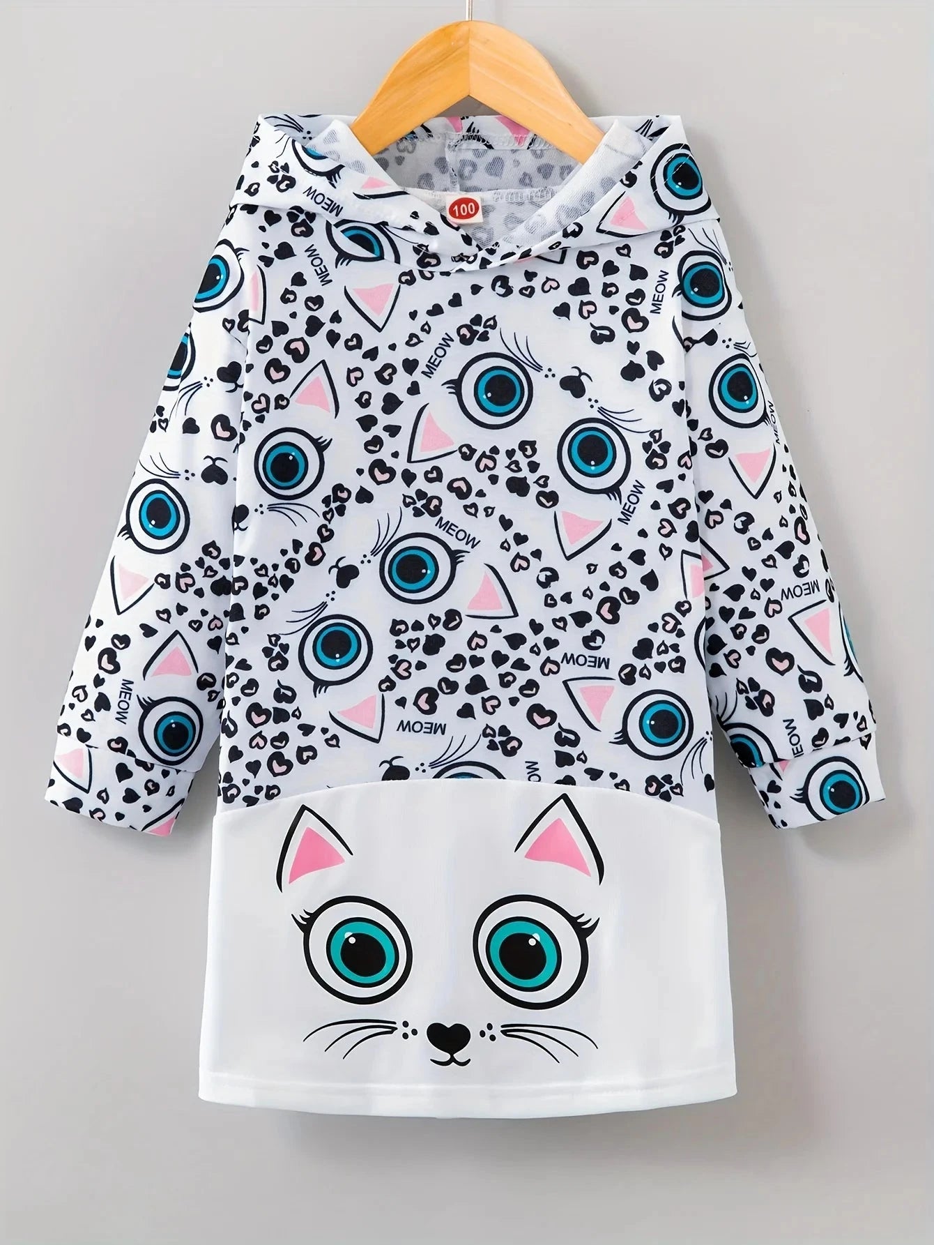 Cute Pink Kitty Graphic Girls' Long Sleeve Cartoon Hoodie Dress, Casual Lightweight Comfy Fit Kids Tops GlowCart