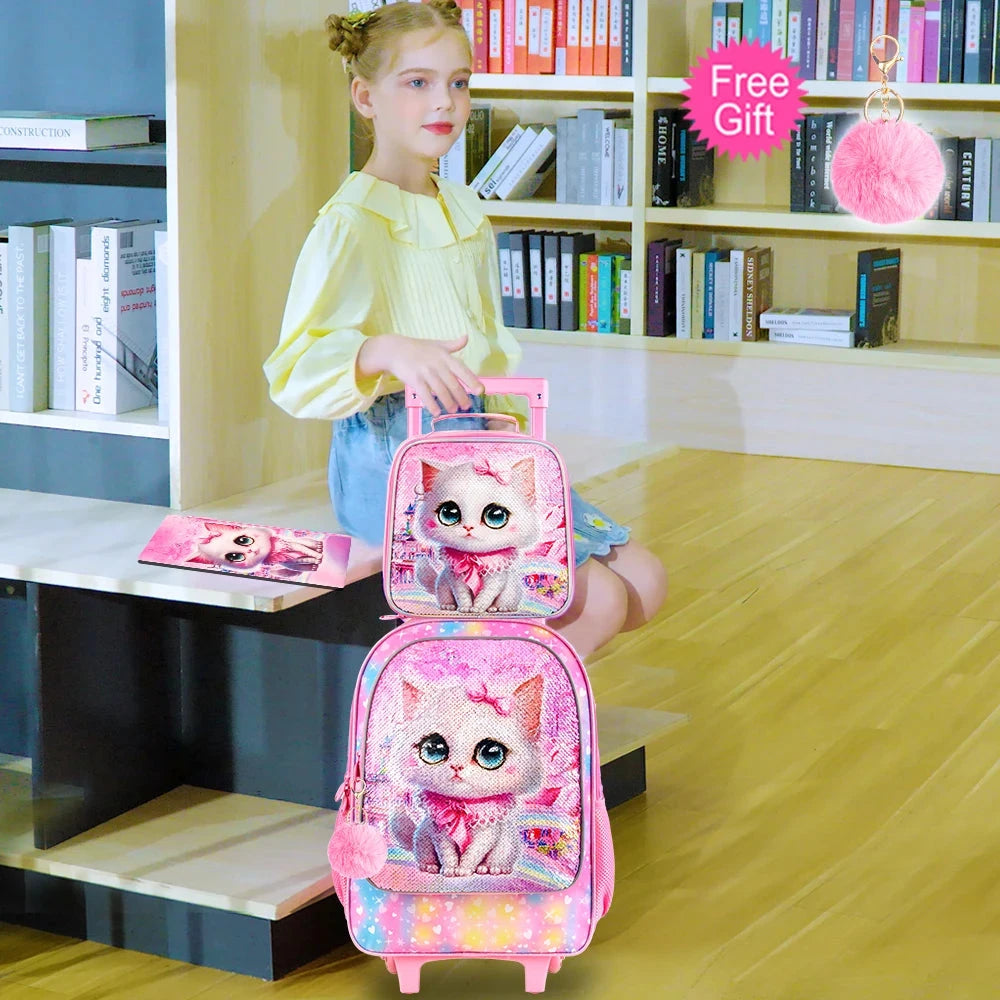 4PCS Rolling Backpack for Girls, Kids Cat Roller Wheels School Bookbag with Lunch Bag, Wheeled School Bag for Toddler Elementary GlowCart