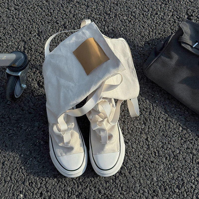 Autumn Thigh Boots Fashion New Round Toe Spliced Canvas Breathable Versatile Mid-leg Pants Tube Stack Boots GlowCart