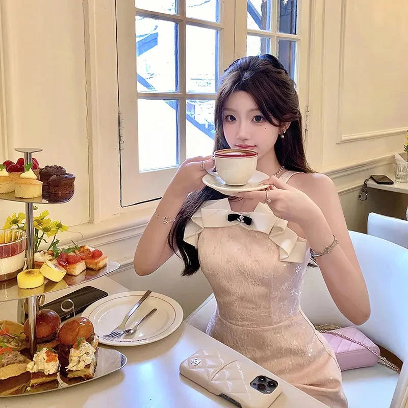 Kimotimo Sweet Jacquard Halter Birthday Dress Women Summer GlowCart