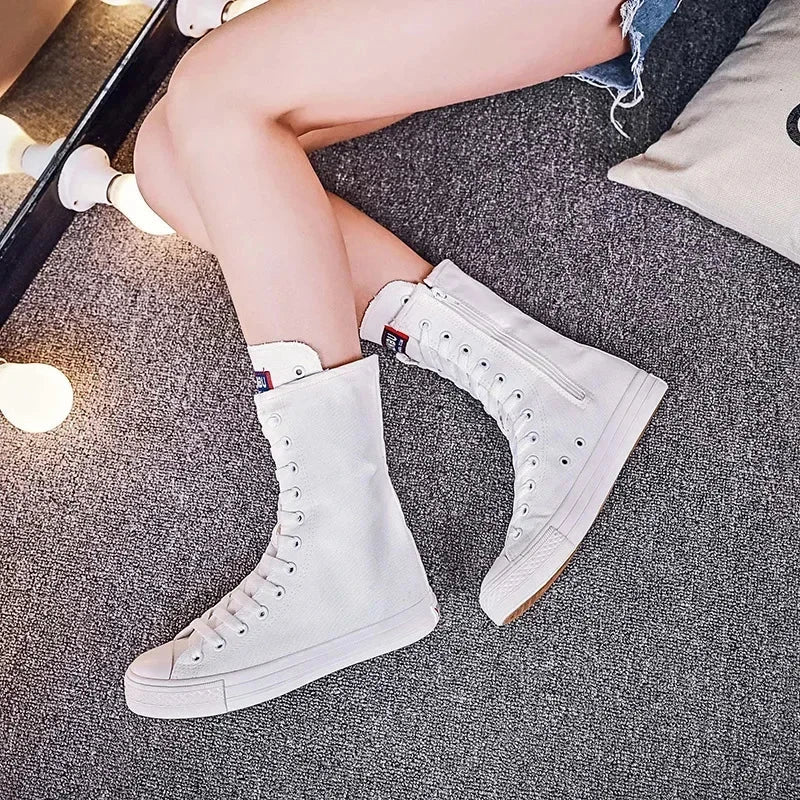 Canvas Long Boots for Women High Top Women Canvas Shoes Lace GlowCart