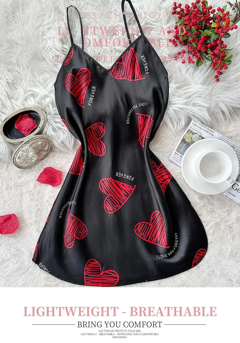 Valentine's Day Red Lip Print Satin Slip Nightdress V Neck GlowCart