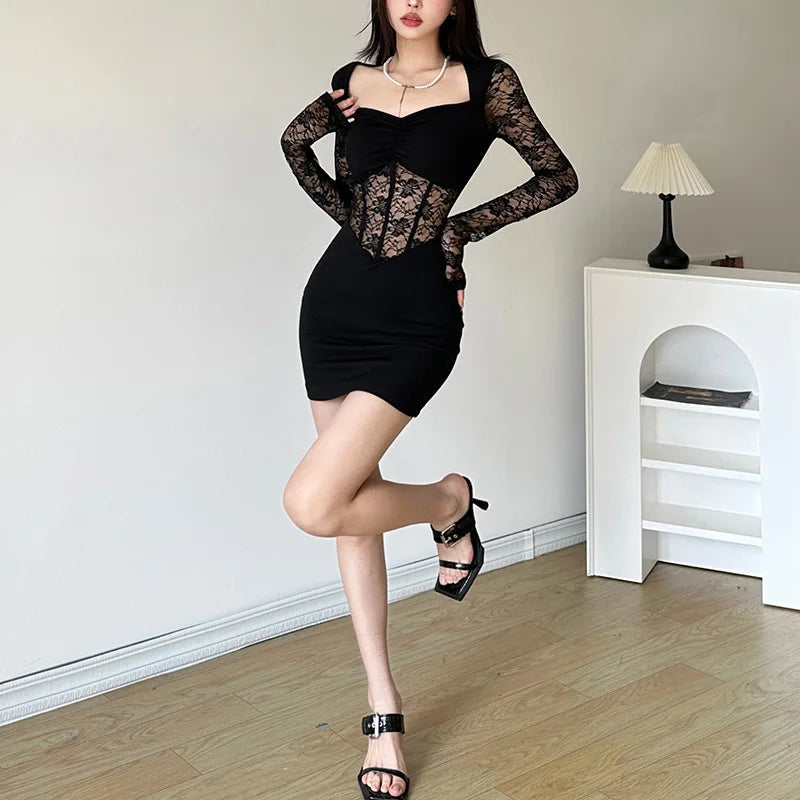 Nibber Black Mysterious Sexy Lace Stitching Mature Fishbone Beautiful Sweet Gentle Women'S Winter Long Sleeve Hip Short Dress GlowCart