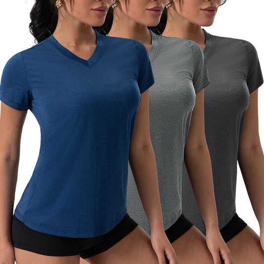 Summer Yoga Shirts for Women V-Neck Pleated Short Sleeve Sports Top Loose Solid Color Running Exercise Tee 5 Colors Gym Wear GlowCart