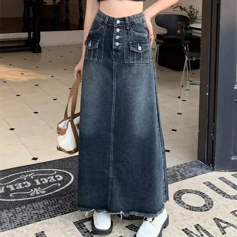 New Streetwear Denim Skirt Spring Summer Fashion Frayed Hem Pocket High Waist Long Jeans Skirt Loose Plus Size Skirt S-5XL GlowCart